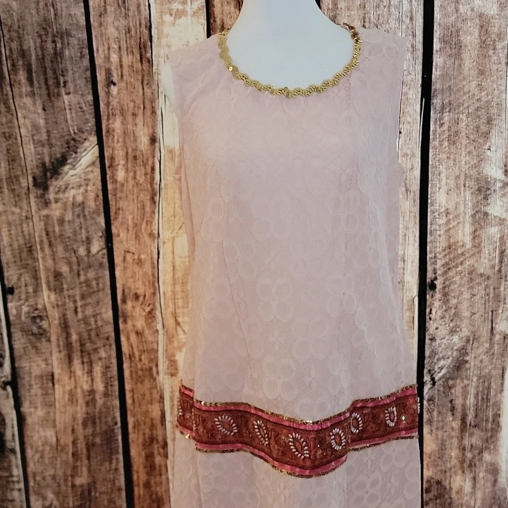 Vintage Pink Lace with Gold Sequin Maxi Dress Size 10